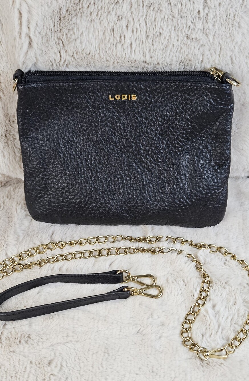 Lodis Black Pebbled Leather Crossbody with Gold Chain Strap And Wristlet